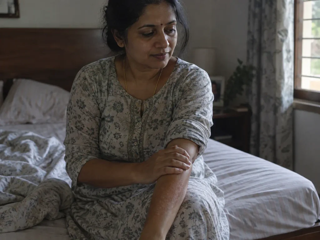 living-with-atopic-dermatitis-silent-struggle Person living with atopic dermatitis sitting after a disturbed night of sleep